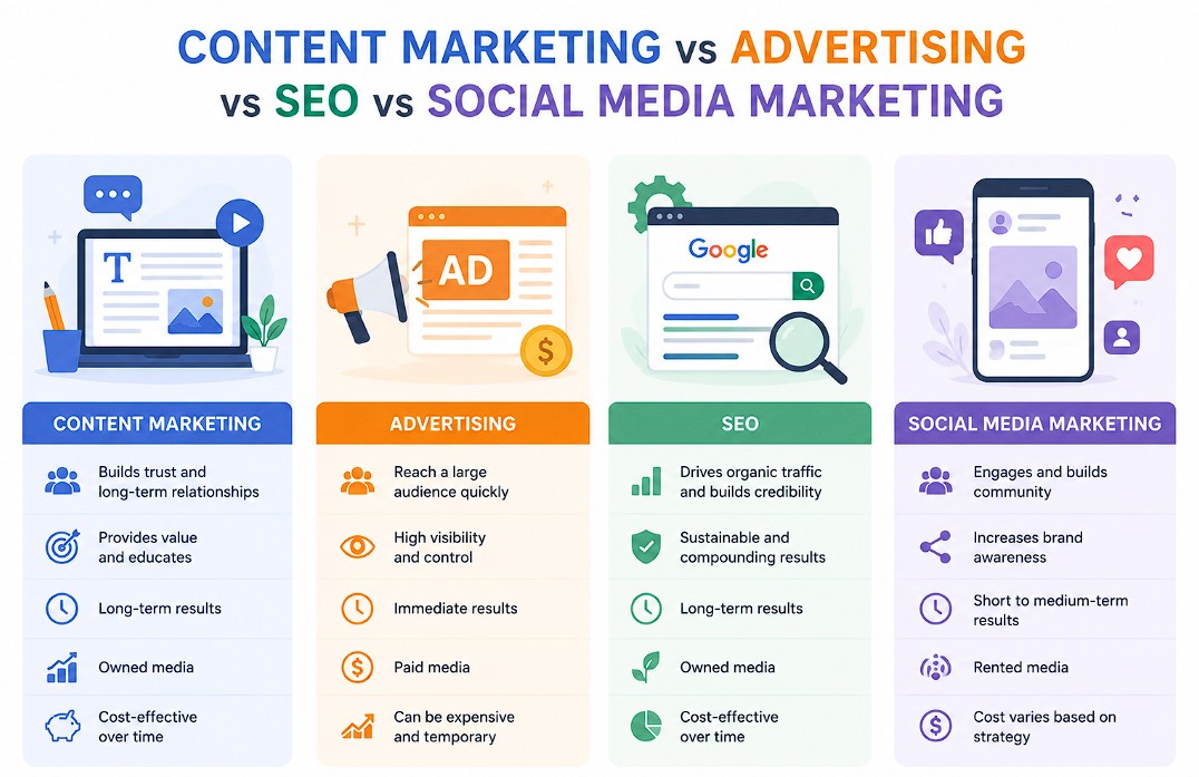 Content Marketing vs Advertising vs SEO vs Social Media Marketing