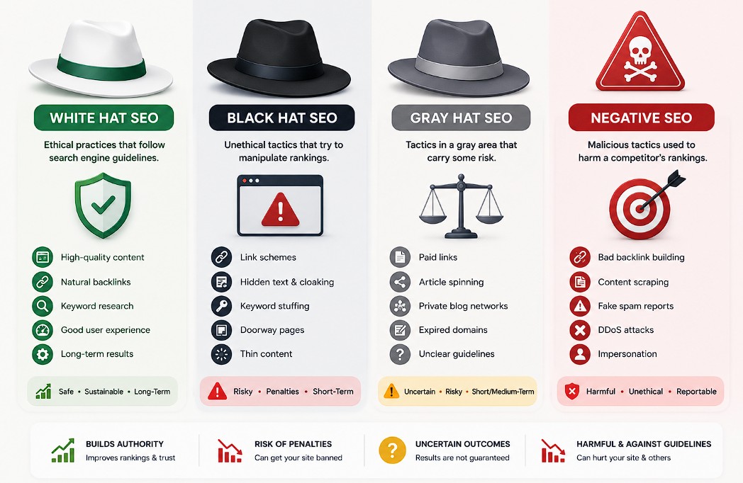 White Hat SEO vs Black Hat SEO vs Gray Hat SEO vs Negative SEO